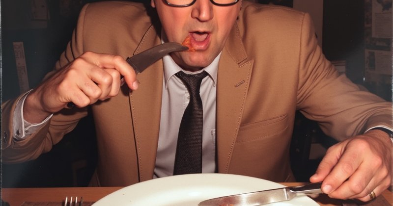 KI-Bild: Ein Mann mit Brille im hellen Sakko führt eine Gabel zum Mund; auf dem Teller vor ihm liegt in roten Buchstaben das Wort „DUMM“.
