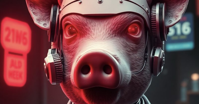 KI-Bild: Ein Schwein mit Helm und Kopfhörern im grauen Anzug vor rotem Neonlicht.