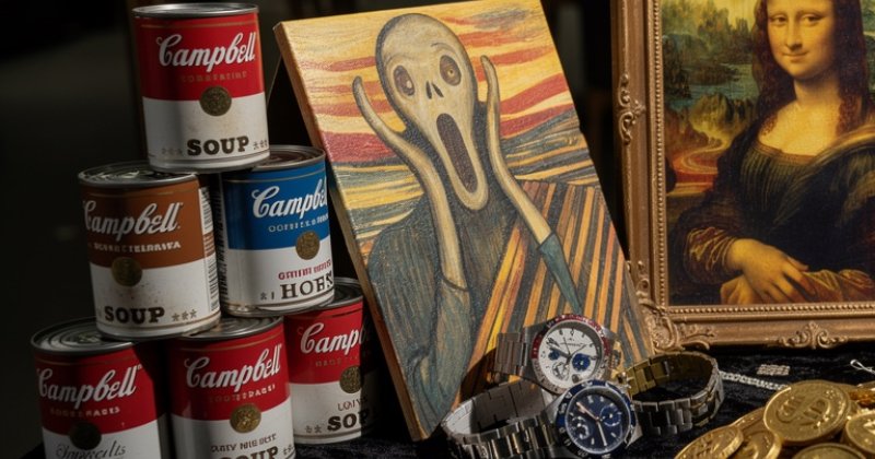 Foto eines Tisches mit Campbell-Suppendosen, einer gemalten Fassung von Munchs „Der Schrei“, der Mona Lisa im Goldrahmen, Armbanduhren, Schmuck und Goldmünzen.