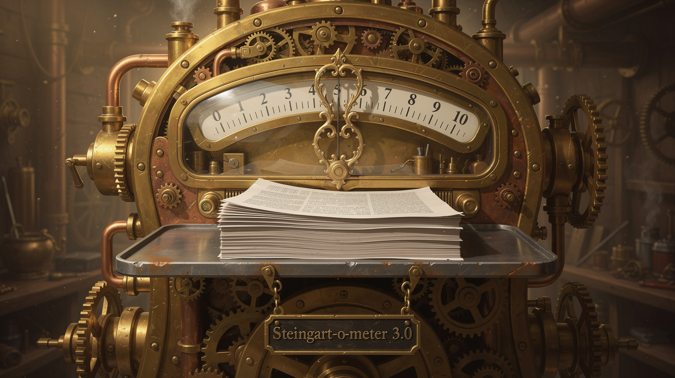 Steampunk-Maschine, 16:9. Messing und Kupfer mit Zahnrädern und Dampfrohren. Große runde Skala von 0–10 mit dickem Zeiger. Darunter auf einem Wiege-Tablett ein Stapel bedruckter Blätter. An der Front ein graviertes Messingschild mit dem Text „Steingart-o-meter". Warmes goldenes Licht, detailreiche Mechanik, Werkstatt-Hintergrund.