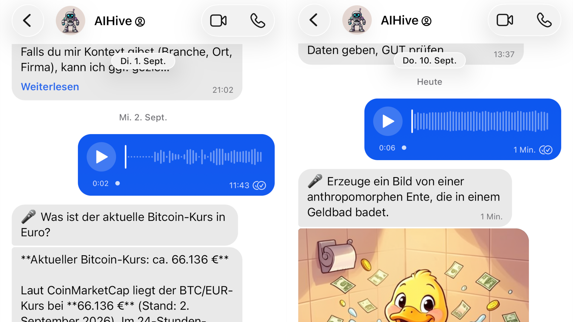 Eine Chat-Oberfläche mit Nachrichten und Audioclips. Links ist eine Nachricht vom 1. September, die teilweise lesbar ist: "Falls du mir Kontext gibst (Branche, Ort, Firma)". Am 2. September wird über den aktuellen Bitcoin-Kurs gefragt, der bei ca. 66.136 € liegt. Rechts ist eine Nachricht vom 10. September, darunter ein Audioclip. Eine weitere Nachricht beschreibt das Bild einer anthropomorphen Ente, die in einem Geldbad badet. Darunter ein Enten-Bild.